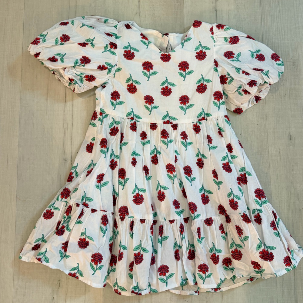 Janie & Jack Girls Red and‎ Green Floral Puff Sleeve Ruffle Dress
